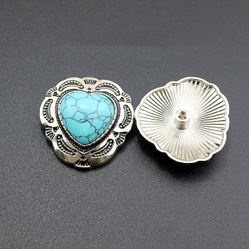 Alloy Buttons, with Synthetic Turquoise, Heart, Antique Silver, Turquoise, 29x30mm, Screw: 4mm