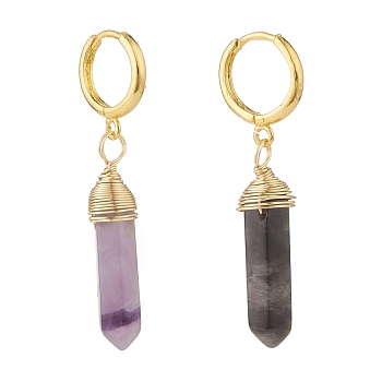 Copper Wire Wrapped Natural Amethyst Hoop Earring, Double Terminated Point Brass Huggie Hoop Earring for Women, 45.5mm, Pin: 1.4mm