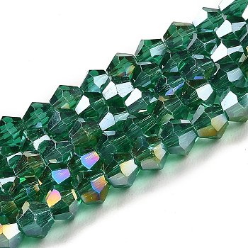 Transparent Electroplate Glass Beads Strands, AB Color Plated, Faceted, Bicone, Teal, 3.5~3.8x3mm, Hole: 0.8mm, about 113~115pcs/strand, 14.17~14.37 inch(36~36.5cm)