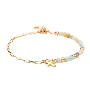 Charm Bracelets, with Natural Flower Amazonite Beads, 304 Stainless Steel Cross Charms, Brass Paperclip Chains & Round Beads, 7-5/8 inch(19.3cm)
