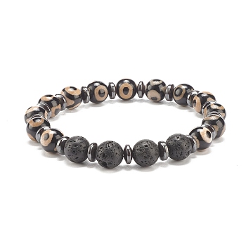 Mala Bead Bracelet, Natural Lava Rock & Tibetan dZi Stretch Bracelet with Synthetic Hematite, Essential Oil Gemstone Jewelry for Women, Peru, Inner Diameter: 2 inch(5cm)