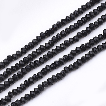 Glass Beads Strands, Faceted, Rondelle, Black, 2~2.5x1~1.5mm, Hole: 0.5mm, about 150~155pcs/strand, 32~33cm