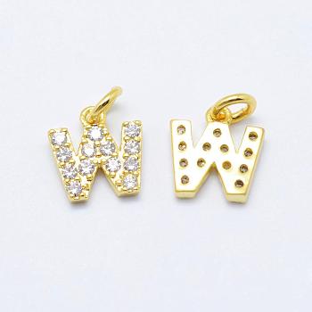 Brass Micro Pave Grade AAA Cubic Zirconia Charms, Letter W, Cadmium Free & Nickel Free & Lead Free, Real 18K Gold Plated, 8.5x8x1.5mm, Hole: 2mm