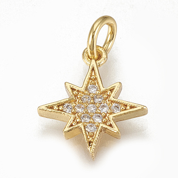 Brass Micro Pave Cubic Zirconia Charms, with Jump Rings, Star, Golden, 13x11.5x2mm, Hole: 3mm