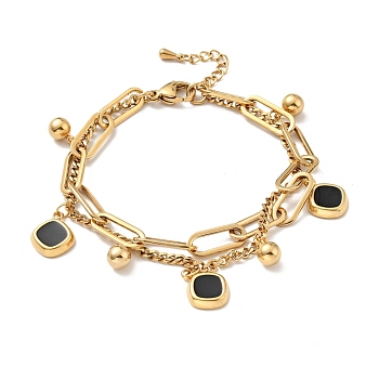 Resin Rhombus and Round Ball Charm Multi-strand Bracelet, Vacuum Plating 304 Stainless Steel Double Layered Chains Bracelet for Women, Golden, 7-1/2 inch(19cm)