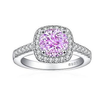 925 Sterling Silver Micro Pave Cubic Zirconia Plain Band Rings, Real Platinum Plated, Square, Violet, Inner Diameter: 17mm