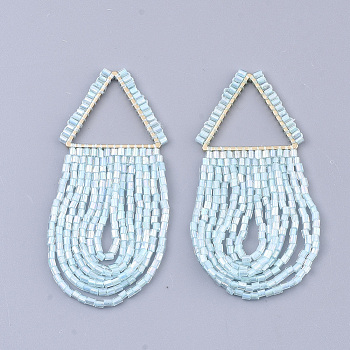 Tassel Big Pendants, with Glass Beads and Golden Plated Brass Findings, Triangle, Light Blue, 62~70x27~28mm, Hole: 20x17.5mm