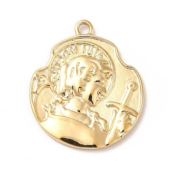 Ion Plating(IP) 304 Stainless Steel Pendants, Nuggets with Man Pattern, Real 14K Gold Plated, 24x21x2mm, Hole: 1.8mm
