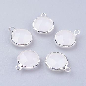 Silver Color Plated Brass Glass Flat Round Charms, Faceted, Creamy White, 12x8.5x3mm, Hole: 1.5mm