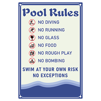 Tinplate Sign Poster, Vertical, for Home Wall Decoration, Rectangle with Word Pool Rules, Wave Pattern, 300x200x0.5mm