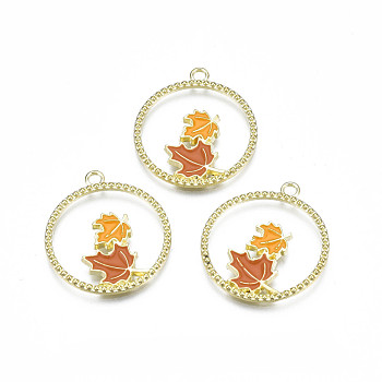 Autumn Theme Alloy Enamel Pendants, Cadmium Free & Lead Free, Flat Round with Maple Leaf, Sienna, 28x25x2mm, Hole: 2mm