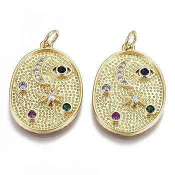 Brass Micro Pave Colorful Cubic Zirconia Pendants, with Jump Ring, Cadmium Free & Nickel Free & Lead Free, Oval with Star & Eye & Moon, Real 16K Gold Plated, 24x17x3mm, Jump ring: 5x0.6mm, Inner Diameter: 3mm