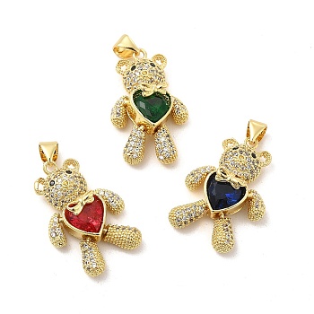 Brass Cubic Zirconia Pendants, Bear with Heart & Bowknot Charm, Mechanical Charm, Golden, Mixed Color, 26x15.5x8.5mm, Hole: 4.5x3mm