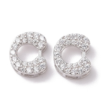 925 Sterling Silver Micro Pave Cubic Zirconia Beads, Real Platinum Plated, Letter C, 9x7.5x3.5mm , Hole: 2.5x1.5mm