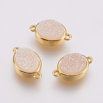 Druzy Resin Links connectors, with Brass Findings, Oval, White, 9x14x5mm, Hole: 1mm