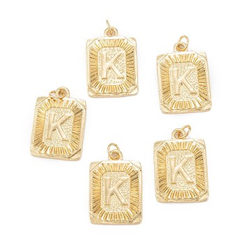 Brass Pendants, with Jump Ring, Long-Lasting Plated, Cadmium Free & Nickel Free & Lead Free, Rectangle with Alphabet, Real 18K Gold Plated, Letter.K, 23.5x16x2mm, Jump Ring: 5x0.7mm, 3.6mm Inner Diameter