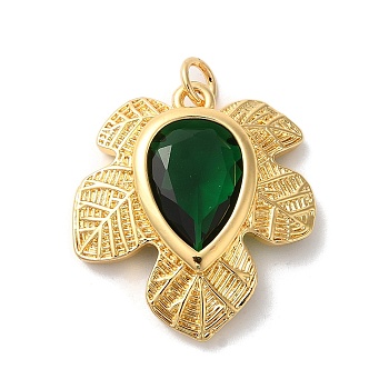 Leaf Rack Plating Brass Pendants, with Glass, Long-Lasting Plated, Lead Free & Cadmium Free, with Jump Ring, Golden, Dark Green, 22.5x25x5mm, Hole: 3mm