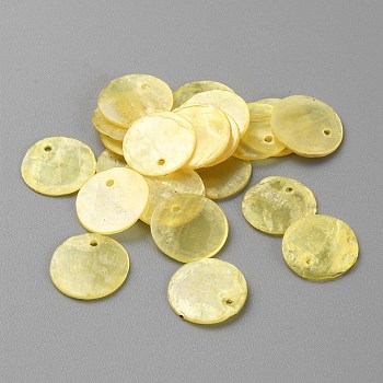 Shell Pendants, Flat Round, Yellow, 15x1.5mm, Hole: 1.5mm