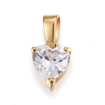 Cubic Zirconia Charms, with 304 Stainless Steel Findings, Heart, Clear, Golden, 10x7.5x6mm, Hole: 5x3mm