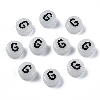 Acrylic Beads, with Enamel and Luminous, Horizontal Hole, Flat Round with Black Letter, Glow in the Dark, Light Grey, Letter.G, 7x3.5mm, Hole: 1.5mm, about 3600~3700pcs/500g