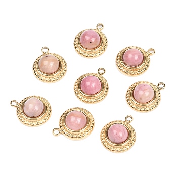 Natural Rhodonite Half Round Charms, with 304 Stainless Steel Findings, Real 14K Gold Plated, 12.5x10x5mm, Hole: 1.2mm