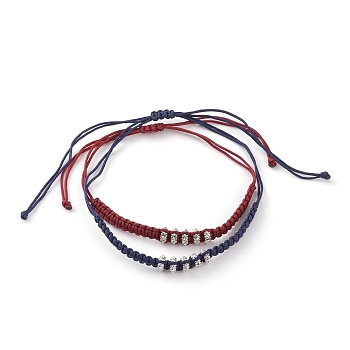 Couple Bracelets Sets, Adjustable Nylon Thread Braided Bead Bracelets, with Antique Silver Plated Alloy Spacer Breads, Flat Round, Mixed Color, Inner Diameter: 1~3-1/2 inch(2.6~9cm), 2pcs/set