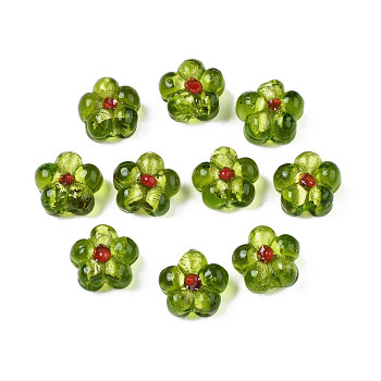 Handmade Silver Foil Glass Lampwork Beads, Flower, Olive Drab, 14~14.5x14.5~15x8~9mm, Hole: 1.4~1.6mm