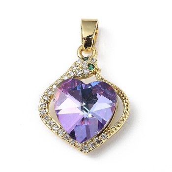 Real 18K Gold Plated Rack Plating Brass Micro Pave Clear Cubic Zirconia Pendants, with Glass, Long-Lasting Plated, Cadmium Free & Lead Free, Heart Charm, Lilac, 21.5x17x8mm, Hole: 5x3.2mm