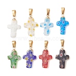 Handmade Lampwork Pendants, Millefiori Glass with Brass Pendants, Cross Charms, Golden, Mixed Color, 21.5~22.5x13.5~14x3.5~4mm, Hole: 6.5x3.5mm(PALLOY-JF05246)