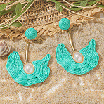 Alloy Raffia Fan Dangle Stud Earrings, with Plastic Imitation Pearl, Golden, Turquoise, 75x50mm(FS-WGB8543-05)