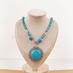 Vintage Alloy with Dyed Synthetic Turquoise Bohemian Flat Round Pendant Round Beaded Necklaces for Women, Antique Silver, Blue, 19.69 inch(50cm)(DH5504-1)