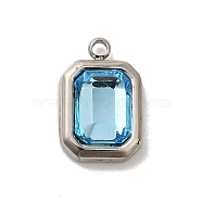 304 Stainless Steel Glass Pendants, Rectangle Charms, Stainless Steel Color, Aqua, 13.5x9x5mm, Hole: 1.4mm(STAS-L022-062P-08)