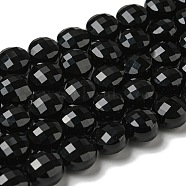 Natural Black Onyx(Dyed & Heated) Beads Strands, Faceted, Flat Round, 10x7~7.5mm, Hole: 1.2mm, about 38pcs/strand, 14.92''(37.9cm)(G-K351-A02-03)