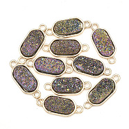 Plating AB Natural Druzy Agate Links connectors, with Brass Findings, Dyed, Oval, Golden, Colorful, 22x9x3~4mm, Hole: 2mm(G-S344-06C)
