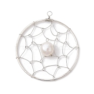 Natural Cultured Freshwater Pearl Pendants, Flat Round Brass Web/Net Charms, Platinum, 40x35.5x6mm, Hole: 2mm(PALLOY-JF02653-02)