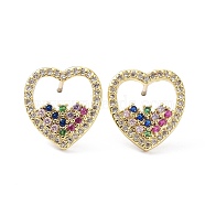 Heart Earrings for Valentine's Day, Brass Micro Pave Cubic Zirconia Stud Earrings, Real 18K Gold Plated, 13.5x13mm, Pin: 0.8mm(ZIRC-C021-38G)