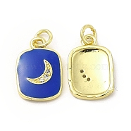 Brass Micro Pave Cubic Zirconia Pendants, with Enamel & Jump Ring, Rectangle with Moon Charm, Golden, Blue, 16x11x2mm, Hole: 2.5mm(KK-E068-VB440-1)