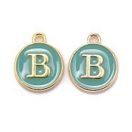Golden Plated Alloy Enamel Charms, Cadmium Free & Lead Free, Enamelled Sequins, Flat Round with Letter, Turquoise, Letter.B, 14x12x2mm, Hole: 1.5mm(ENAM-S118-05B)