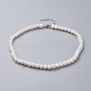 Natural Freshwater Pearl Necklaces, with 304 Stainless Steel Extender Chains and Kraft Paper Cardboard Jewelry Boxes, White, 14.4 inch(36.5cm)(NJEW-JN02513)