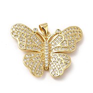 Rack Plating Brass Micro Pave Cubic Zirconia Pendants, Cadmium Free & Lead Free, Real 18K Gold Plated, Butterfly Charm, Clear, 32x24x4mm, Hole: 3.5x5mm(KK-E072-20G)