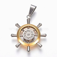304 Stainless Steel Rhinestone Pendants, Helm, Golden & Stainless Steel Color, 33x29x4mm, Hole: 5x10mm(STAS-F168-33GP)