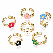 Brass Enamel Cuff Rings, Open Rings, Nickel Free, Curb Chain, Flower, Real 16K Gold Plated, Mixed Color, US Size 8 3/4(18.7mm)(RJEW-N035-007-NF)