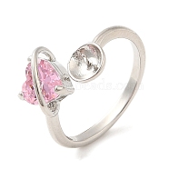Brass with Cubic Zirconia Open Cuff Ring Components, Ring Settings, For Half-drilled Beads, Heart, Pink, US Size 7 3/4(17.9mm), Pin: 0.8mm(KK-E055-01P-02)