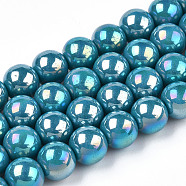 Electroplate Opaque Glass Beads Strands, AB Color Plated, Round, Steel Blue, 9.5~10mm, Hole: 1.5mm, about 40~42pcs/strand, 14.76~15.12 inch(37.5~38.4cm)(GLAA-T032-P10mm-AB13)