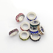 Brass Rhinestone Spacer Beads, Grade A, Platinum Metal Color, Mixed Color, 10x3mm, Hole: 6mm(X-RB-H253-10x3mm-M)