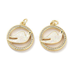 Brass Micro Pave Clear Cubic Zirconia Pendants, with Synthetic Opal and Jump Rings, Real 18K Gold Plated, Ring with Bird Charms, White, 20.5x18x3mm, Hole: 3mm(KK-L213-024G-02)