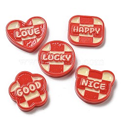 New Year Resin Decoden Cabochons, Tartan Cabochons with Word, Mixed Shapes, Red, 19~22.5x21~24.5x4.5mm(CRES-I029-01)