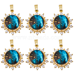 6Pcs Brass Micro Pave Clear Cubic Zirconia Pendants, with Glass, Flower with Starry Sky Pattern Charms, Real 18K Gold Plated, 21x19x9.7mm, Hole: 2.5x3mm(KK-BBC0010-32)