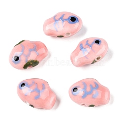 Handmade Printed Porcelain Beads Strand, Fish, Pink, 13x18x9mm, Hole: 1.6mm, about 24~25pcs/strand, 11.81''(30~31.5cm)(PORC-T133-02D)