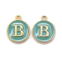 Golden Plated Alloy Enamel Charms, Cadmium Free & Lead Free, Enamelled Sequins, Flat Round with Letter, Turquoise, Letter.B, 14x12x2mm, Hole: 1.5mm(ENAM-S118-05B)